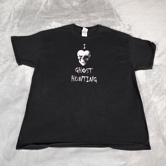 Vintage I Love Ghost Hunting T Shirt Mens XL Heart Skull Grunge Faded Black Y2K - Picture 1 of 8